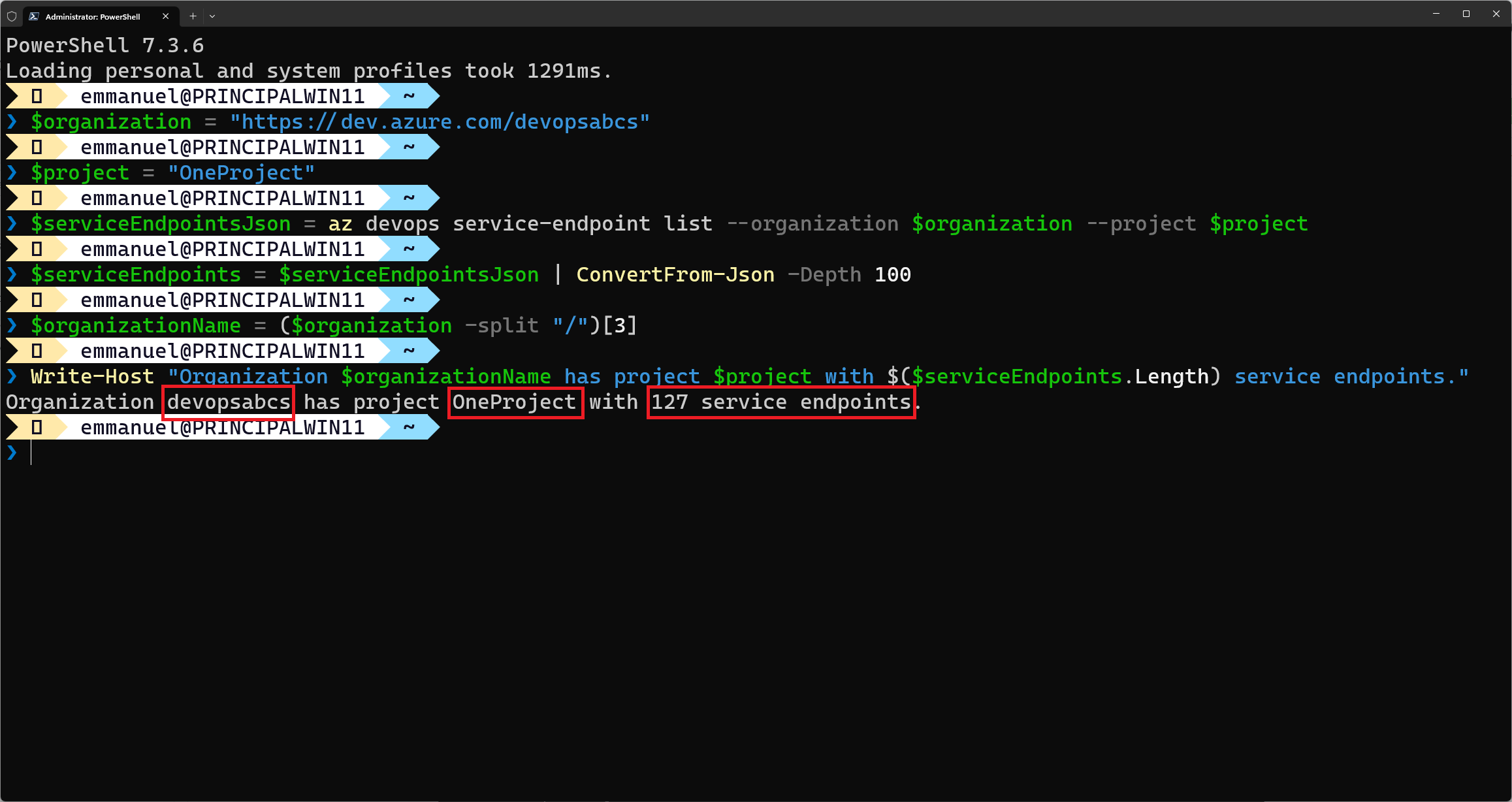 sample output using azure devops cli